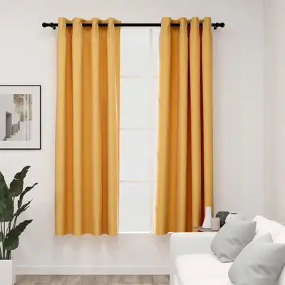 Draperii opace aspect in, cu ocheti, 2 buc., galben, 140x175 cm