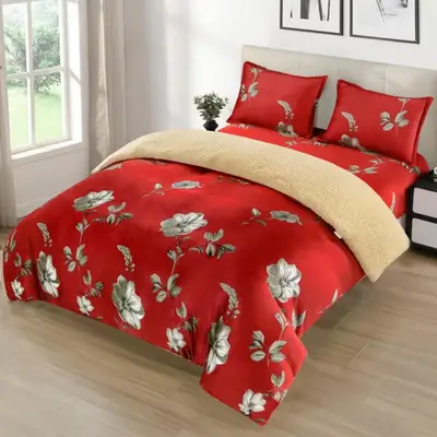Lenjerie pat dublu cu Elastic, Super Pufoasa COCOLINO cu BLANITA, 4 piese, Rosu, Flori