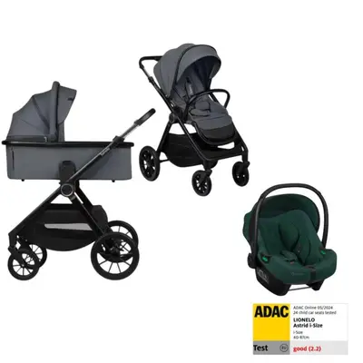 Set Carucior 3 in 1, Lionelo, Layla Grey Stone + Scoica testata ADAC i-Size Astrid, Green