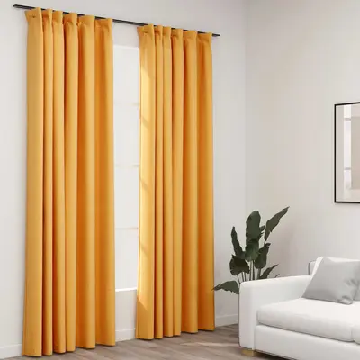 Draperii opace aspect in, carlige, 2 buc., galben, 140x245 cm