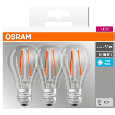 Set 3 becuri LED Osram Base Filament A60, E27, 6.5W (60W), 806 lm, lumina neutra (4000K)