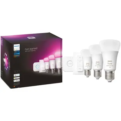 Philips Pachet 3 becuri LED RGB Philips Hue, Wi-Fi, Bluetooth, Zigbee, A60, E27, 9W (75W), 806-1100…