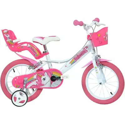 Bicicleta cu pedale, Dino Bikes, Unicorn, Cu roti ajutatoare, Cu cosulet frontal, Cu cosulet pentru…