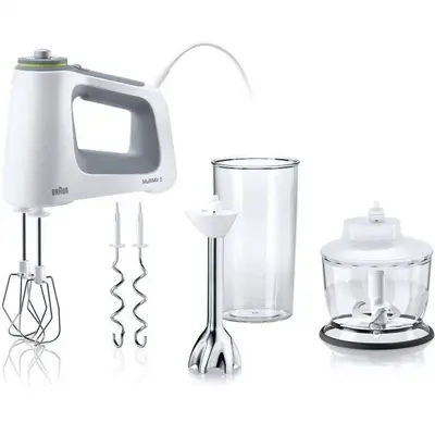 BRAUN Mixer de mana Braun HM5137WH, 750 W, 9 viteze + Turbo, Pahar gradat 0.6L, Tocator 0.5l…