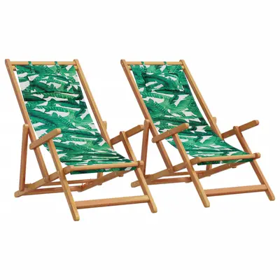 Scaune de plaja pliabile 2 buc model frunze, textil/lemn masiv