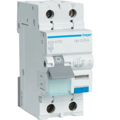 Disjunctor cu protectie diferentiala RCBO 1P+N 20A/30mA 6kA curba C tip A Hager ADA970D