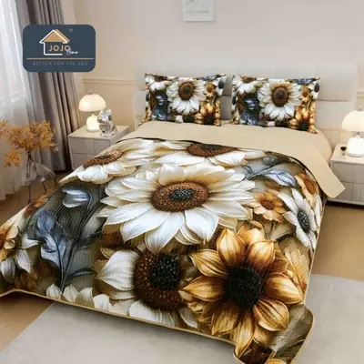 Cuvertura Matlasata, Bumbac Finet, cu Imprimeu 5D, 220x240cm + 2 fete de perna 50x70cm, Bej, Crem…