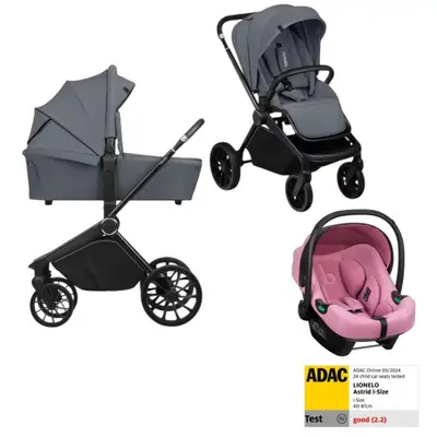 Carucior 3 in 1, Lionelo, Mika Plus, Cu scoica auto Roz testata ADAC, Reversibil, Cu sistem de…