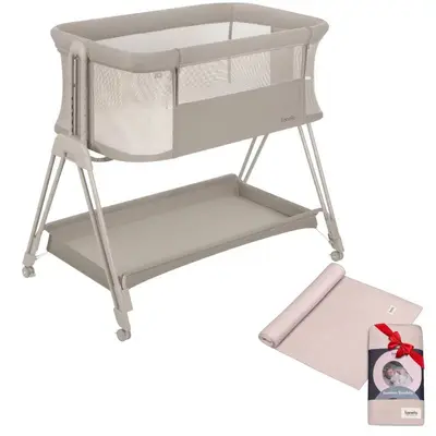 Patut co-sleeper, Lionelo, Luna Beige Sand, 2 in 1, Cu laterala culisanta si roti, Cu muselina din…