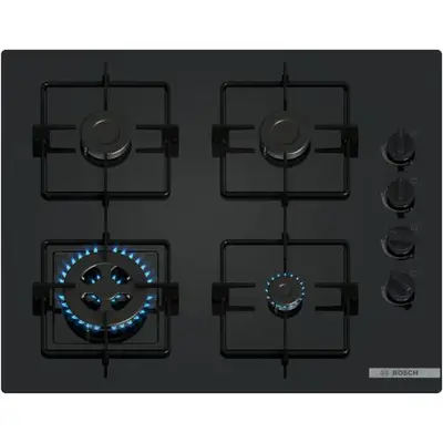 Plita incorporabila Bosch POH6B6K30, Gaz, 4 arzatoare, Arzator Wok, Gratar otel, 60 cm, Sticla…