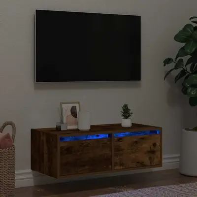 Comoda tv cu lumini led, stejar fumuriu,75x35,5x25 cm