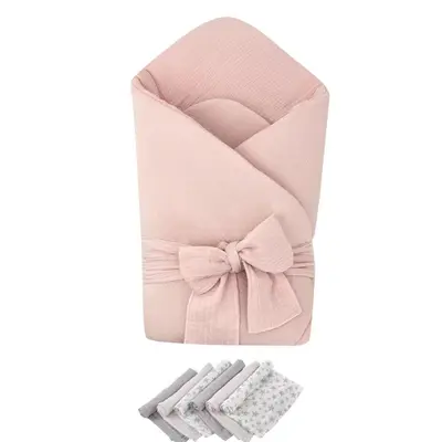 Pachet Paturica de infasat Pink, Qmini, Din muselina dubla si 6 scutece 35x35 cm din muselina de…