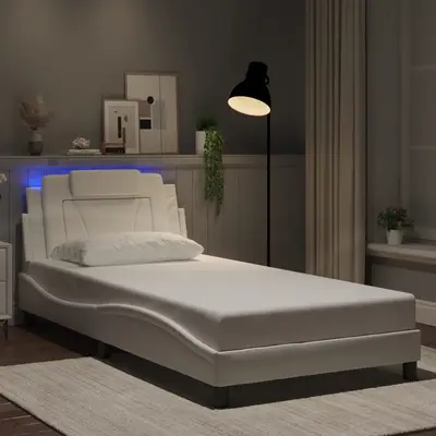 Cadru de pat cu lumini led, alb, 100x200 cm, piele ecologica