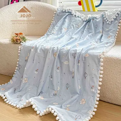 Patura Pufoasa pentru Copii din Bumbac, Dublata cu Cocolino, 100x150 cm, cu Ciucuri, Bleu, Ursuleti