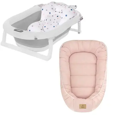 Set cadita pliabila Genua Premium, cu termometru, dop si suport anatomic, Gri si cosulet bebelus…