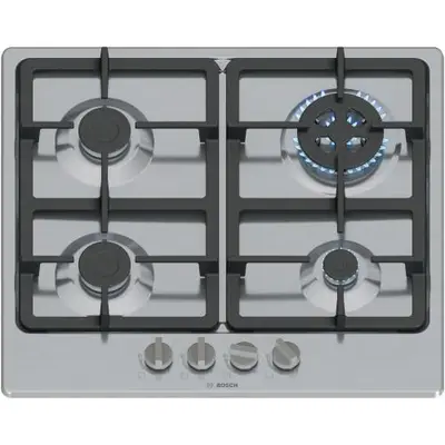 Plita incorporabila Bosch PGH6B5K90, Gaz, 4 arazatoare, Gratar fonta, Arzator Wok, 60 cm (Inox)
