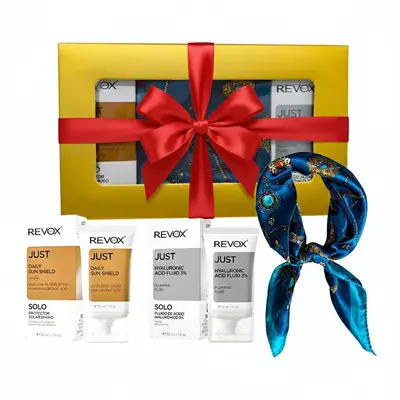 Set Elysa – Ser Revox Hyaluronic Acid 3% 30ml, Crema SPF50 Revox 30ml, Esarfa albastra