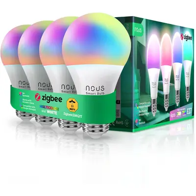 Nous Set 4 becuri LED RGB inteligente Nous P3Z, ZigBee, E27, 9W, 810 lm, lumina alba si colorata…