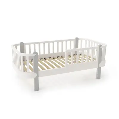 Patut din lemn junior, 160x80 cm, Cu bariera de protectie, Din lemn de fag, Gri, YappyKids…