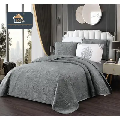 Cuvertura pat dublu, 5 piese, Finet Premium Matlasat, 220x240cm, Jojo Home, Gri Deschis