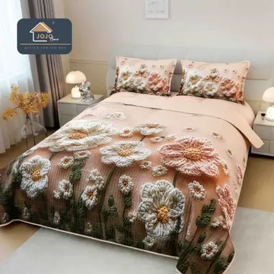 Cuvertura Matlasata, Bumbac Finet, cu Imprimeu 5D, 220x240cm + 2 fete de perna 50x70cm, Rozaliu…