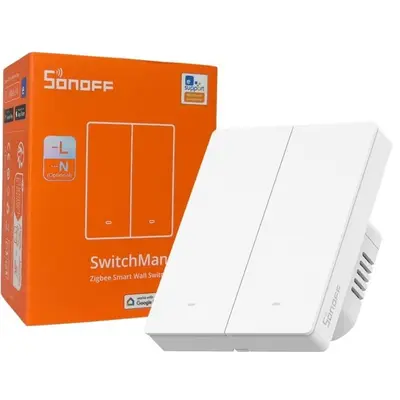Intrerupator inteligent Sonoff ZBM5-2C-80W, 2 canale, 10A, Zigbee, Alb