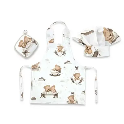 Set Micutul bucatar, MimiNu, Cu sort, o boneta si accesoriu pentru vase calde, Din bumbac…