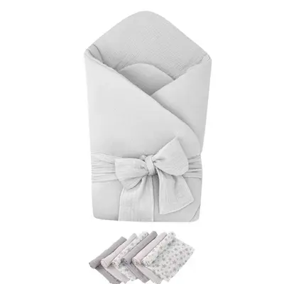 Pachet Paturica de infasat Grey, Qmini, Din muselina dubla si 6 scutece 35x35 cm din muselina de…