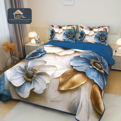 Cuvertura Matlasata, Bumbac Finet, cu Imprimeu 5D, 220x240cm + 2 fete de perna 50x70cm, Crem…