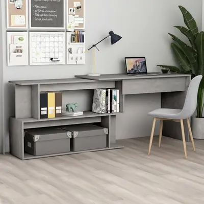 Birou de colt, gri beton, 200x50x76 cm, lemn prelucrat
