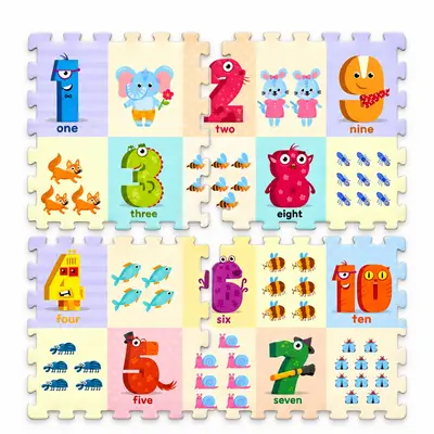Puzzle de podea educativ cu numere si animale, 4 piese, 60 x 60 cm, multicolor
