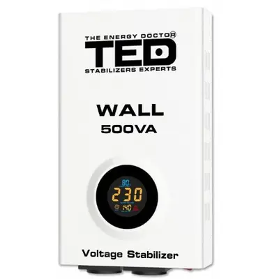 Stabilizator retea AVR maxim 500VA, 300W, LCD, 2 iesiri schuko, prindere pe perete, TED002174