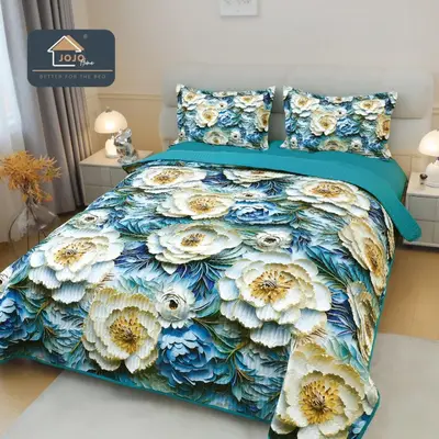 Cuvertura Matlasata, Bumbac Finet, cu Imprimeu 5D, 220x240cm + 2 fete de perna 50x70cm, Turquoise…