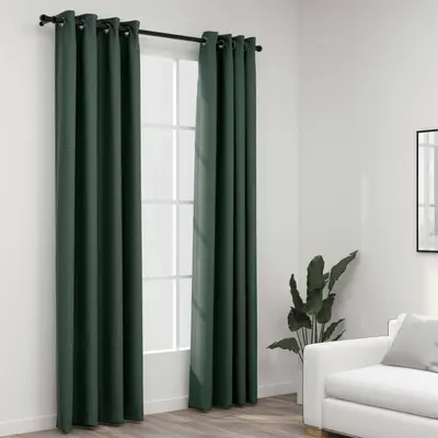 Draperii opace, aspect in, cu ocheti, 2 buc., verde, 140x245 cm