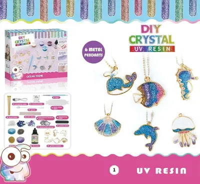 Set creativ DIY cu 6 pandantive metalice, rasina UV, culori si sclipici, lant auriu, tematica…
