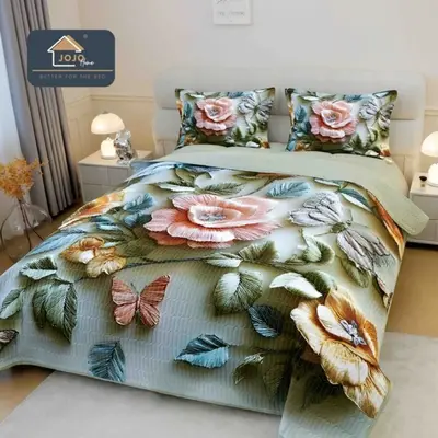 Cuvertura Matlasata, Bumbac Finet, cu Imprimeu 5D, 220x240cm + 2 fete de perna 50x70cm, Verde…