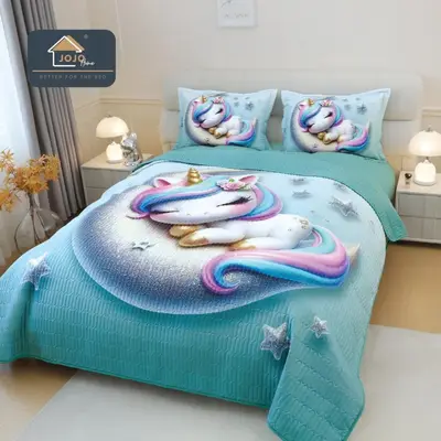 Cuvertura Matlasata, Bumbac Finet, cu Imprimeu 5D, 220x240cm + 2 fete de perna 50x70cm, Bleu…