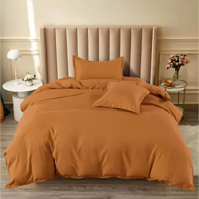 Lenjerie pat 1 PERSOANA, BUMBAC FINET, 4 piese, cu ELASTIC, Maro