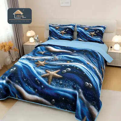 Cuvertura Matlasata, Bumbac Finet, cu Imprimeu 5D, 220x240cm + 2 fete de perna 50x70cm, Bleumarin…