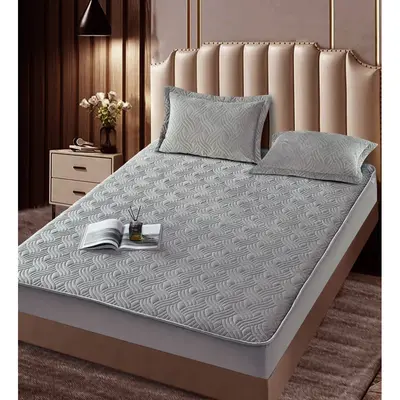 Husã matlasatã tip topper din catifea, 180x200cm + 2 fete de perna 50x70cm, gri
