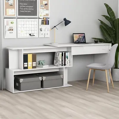 Birou de colt, alb extralucios, 200x50x76 cm, lemn prelucrat