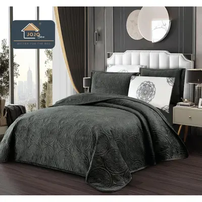 Cuvertura pat dublu, 5 piese, Finet Premium Matlasat, 220x240cm, Jojo Home, Gri Inchis