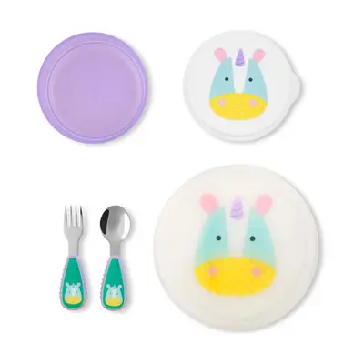 Set de masa, Skip Hop, Cu 5 piese, Include farfurie antiderapanta, bol si capac, furculita si…