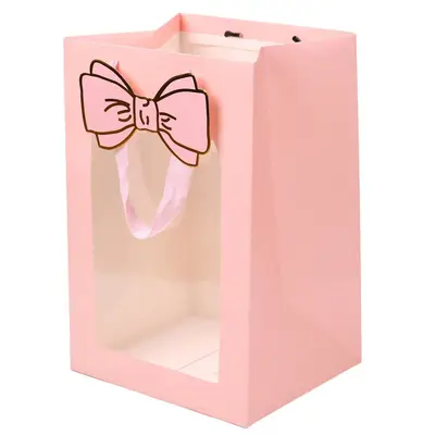 Pungi cadou cu fereastră și fundă - roz (set 12 buc) - 18x25x15cm