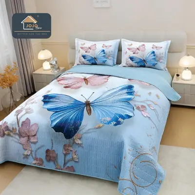 Cuvertura Matlasata, Bumbac Finet, cu Imprimeu 5D, 220x240cm + 2 fete de perna 50x70cm, Bleu…