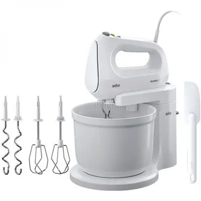 BRAUN Mixer cu bol Braun HM1070WH, 400 W, 4 viteze + Turbo, Bol 3 L, 2 palete, 2 carlige pentru…