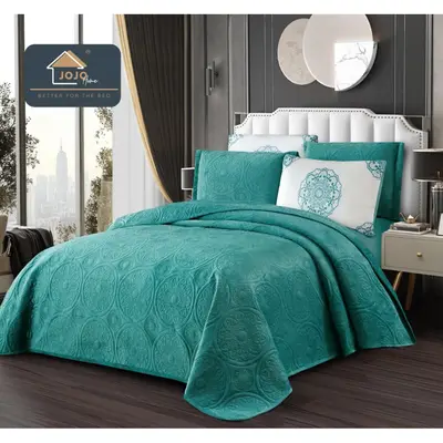 Cuvertura pat dublu, 5 piese, Finet Premium Matlasat, 220x240cm, Jojo Home, Turquoise