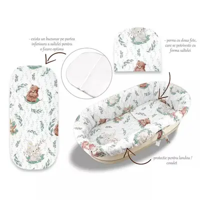 Set pentru landou/cosulet, MimiNu, Cu protectie, saltea si pernuta, Din bumbac certificat Oeko Tex…