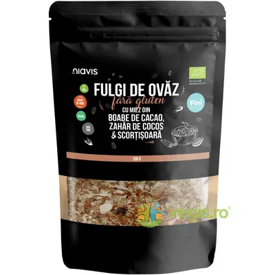 Fulgi de Ovaz Fini fara Gluten cu Miez din Boabe de Cacao, Zahar de Cocos si Scortisoara…