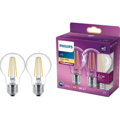 Philips Pachet 2 becuri LED vintage Philips Classic A60, E27, 7W (60W), 806 lm, lumina alba calda…